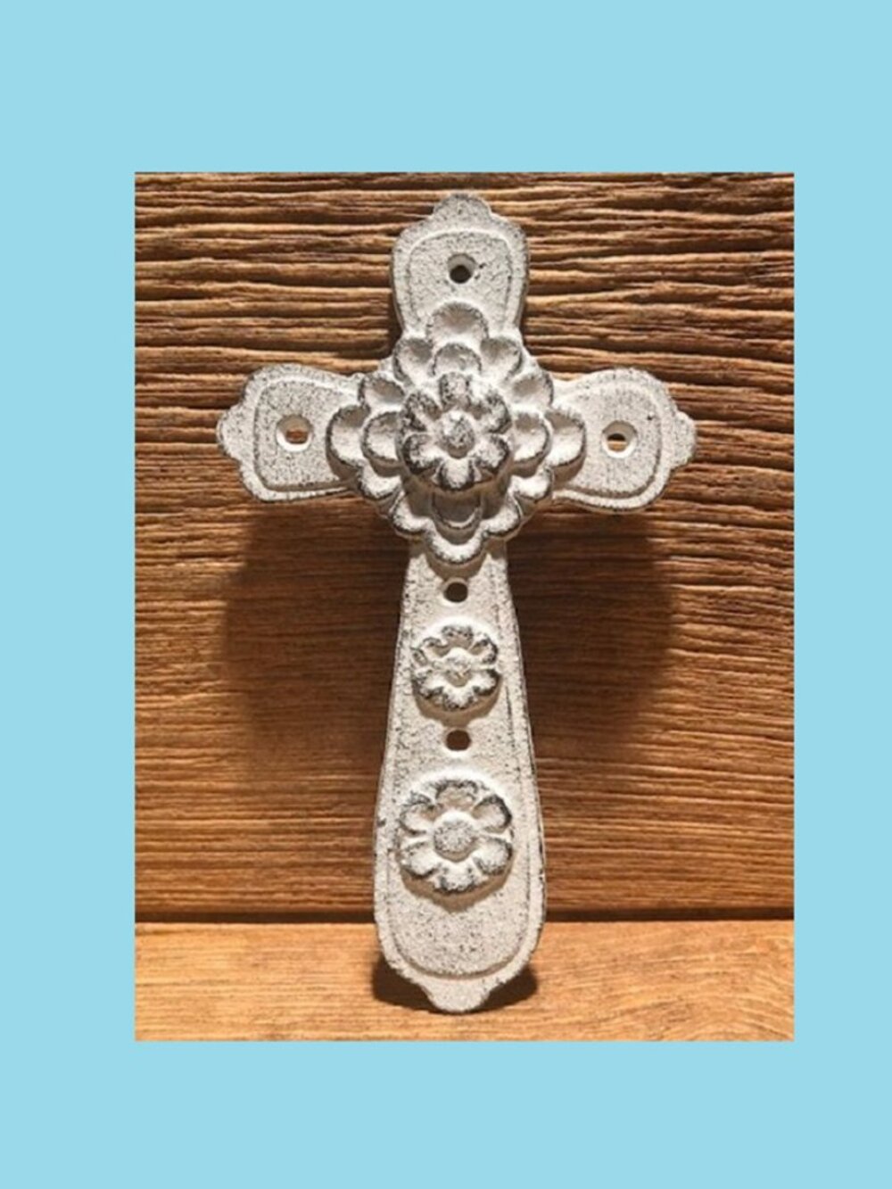 Cast Iron Small Cross Whitewashed 8" Tall by 4 3/4" wide Flower Cross 0184-0243W